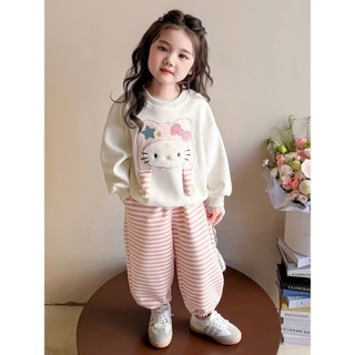 Bộ thu đông chất nỉ lót lông mềm mịn siêu ấm thêu mèo lót bông bé gái đi học đi chơi xinh xắn 8-30kg