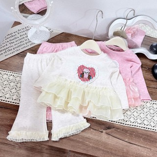 Bộ len lông thỏ cho bé gái thu đông thêu tim, áo dài tay phối vải ren quần ống loe xinh xắn 2 màu size 8-18kg B29