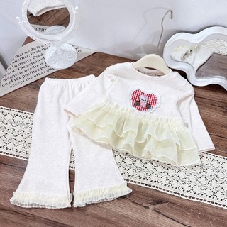 Bộ len lông thỏ cho bé gái thu đông thêu tim, áo dài tay phối vải ren quần ống loe xinh xắn 2 màu size 8-18kg B29