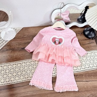 Bộ len lông thỏ cho bé gái thu đông thêu tim, áo dài tay phối vải ren quần ống loe xinh xắn 2 màu size 8-18kg B29