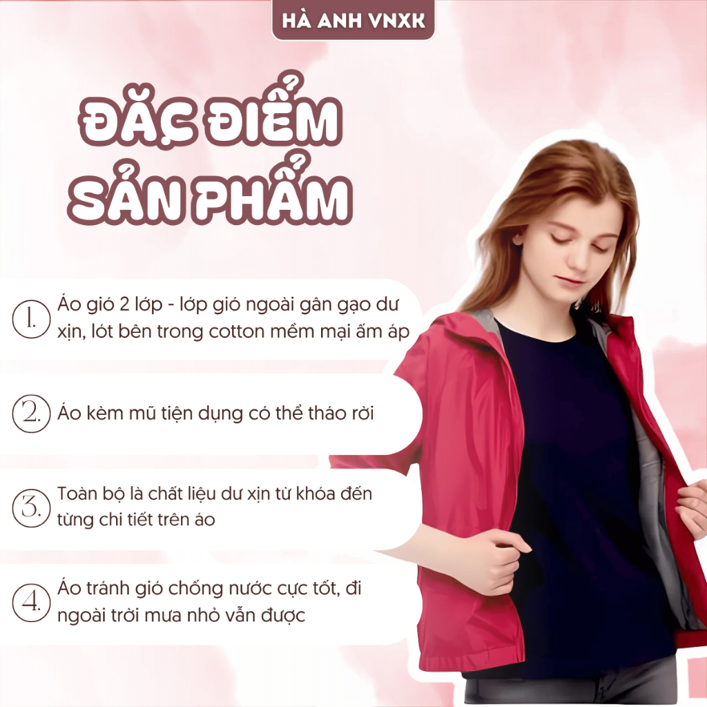 Áo Gió Nữ 2 Lớp, Áo Khoác Dư Đẹp Lót Cotton Mềm Mại Chống Nước  Tránh Gió Kèm Mũ Có Thể Tháo Rời
