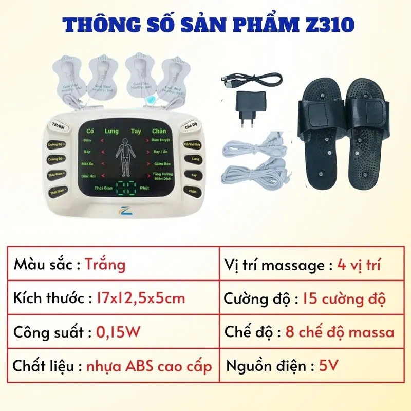 Máy Massage Xung Điện Trị Liệu Z310 Giảm Đau Lưng Cổ Vai Gáy, Máy Massage Chân tặng Dép Châm Cứu