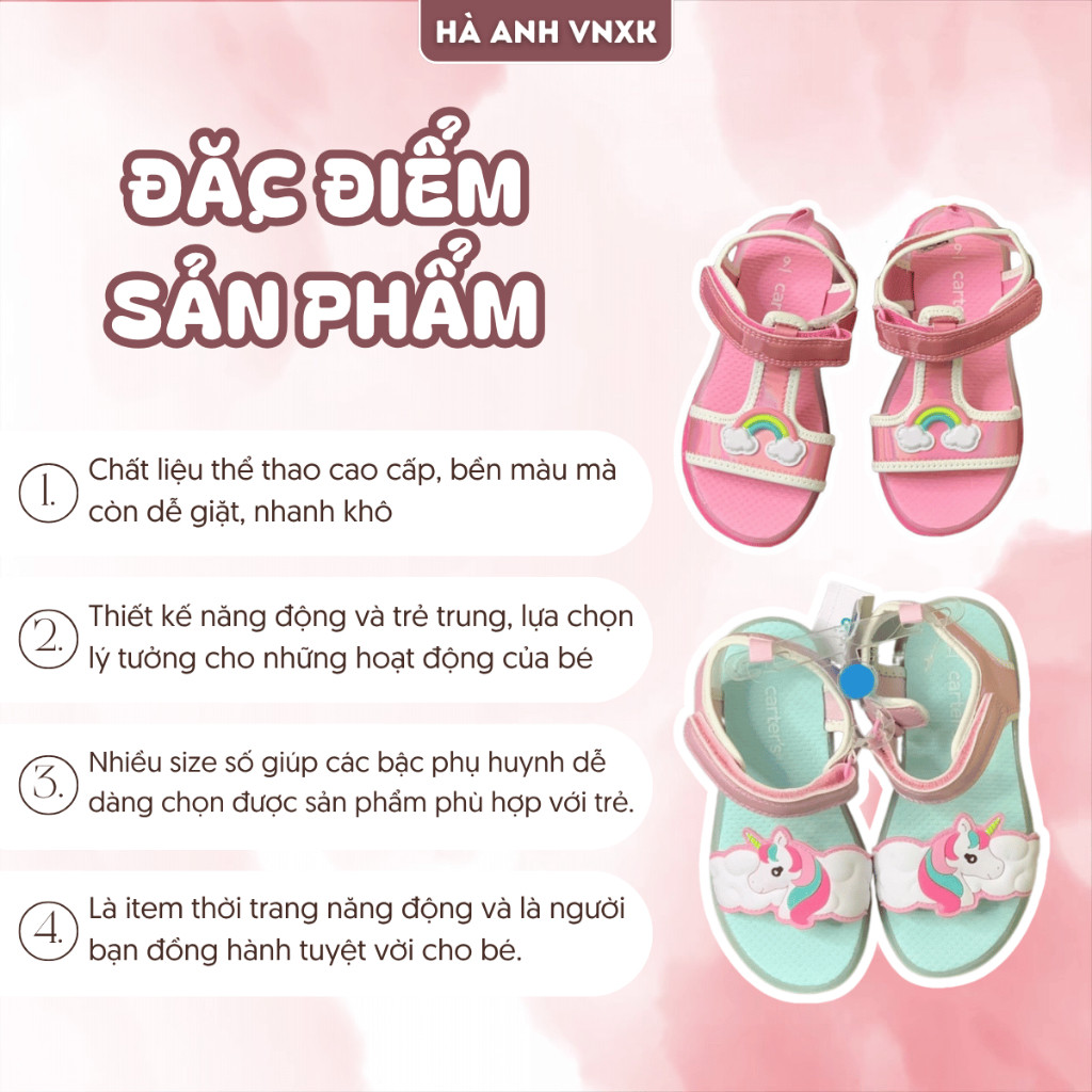 Sandal Cho Bé Car.ter’s Hoạ Tiết Dễ Thương Quai Dán Chắc Chắn Mềm Mại Êm Ái Thoáng Khí