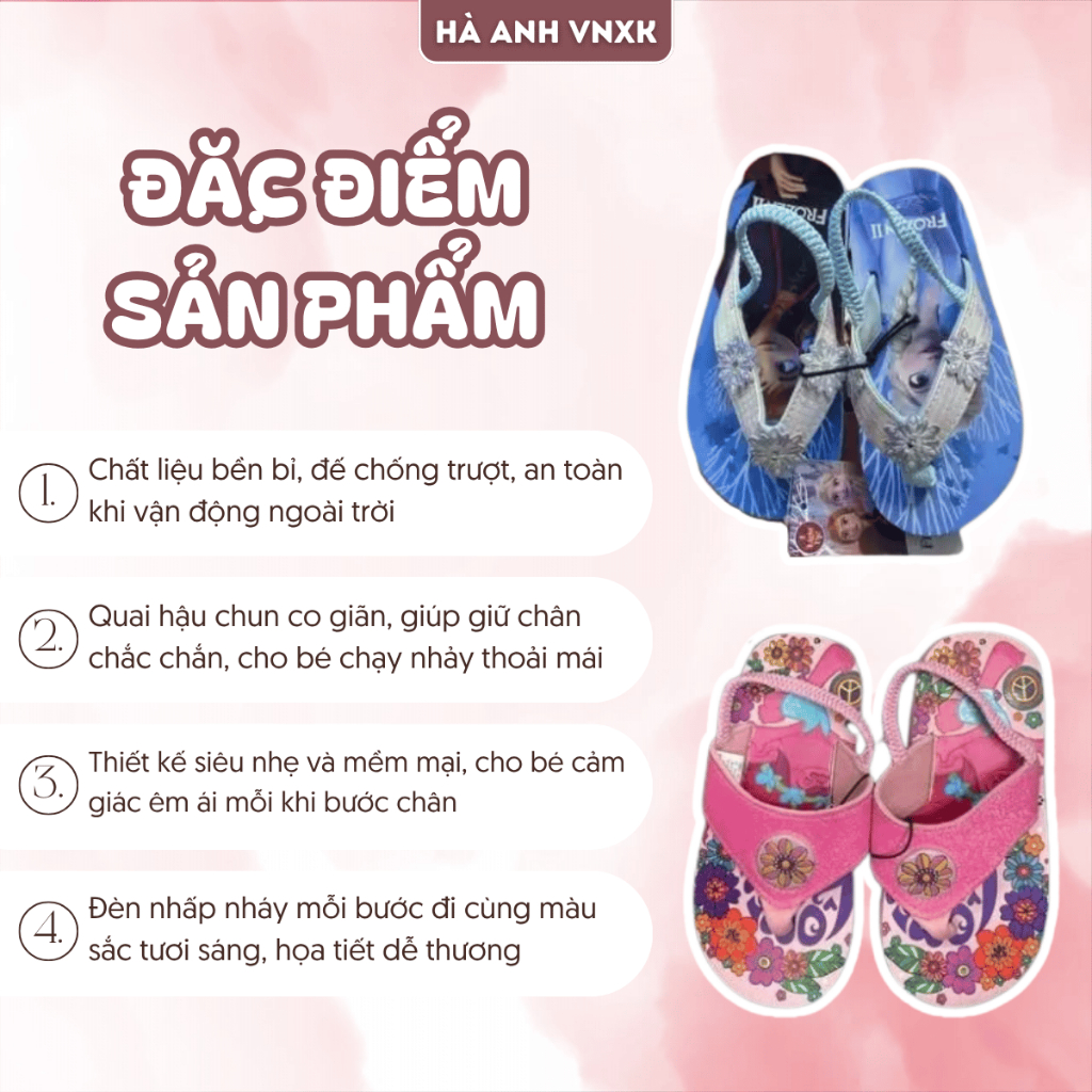 Dép Tông Xỏ Ngón Cho Bé Gái Hoạ Tiết Hoạt Hình Có Đèn Nháy Quai Chun Co Giãn Đế Chống Trượt An Toàn