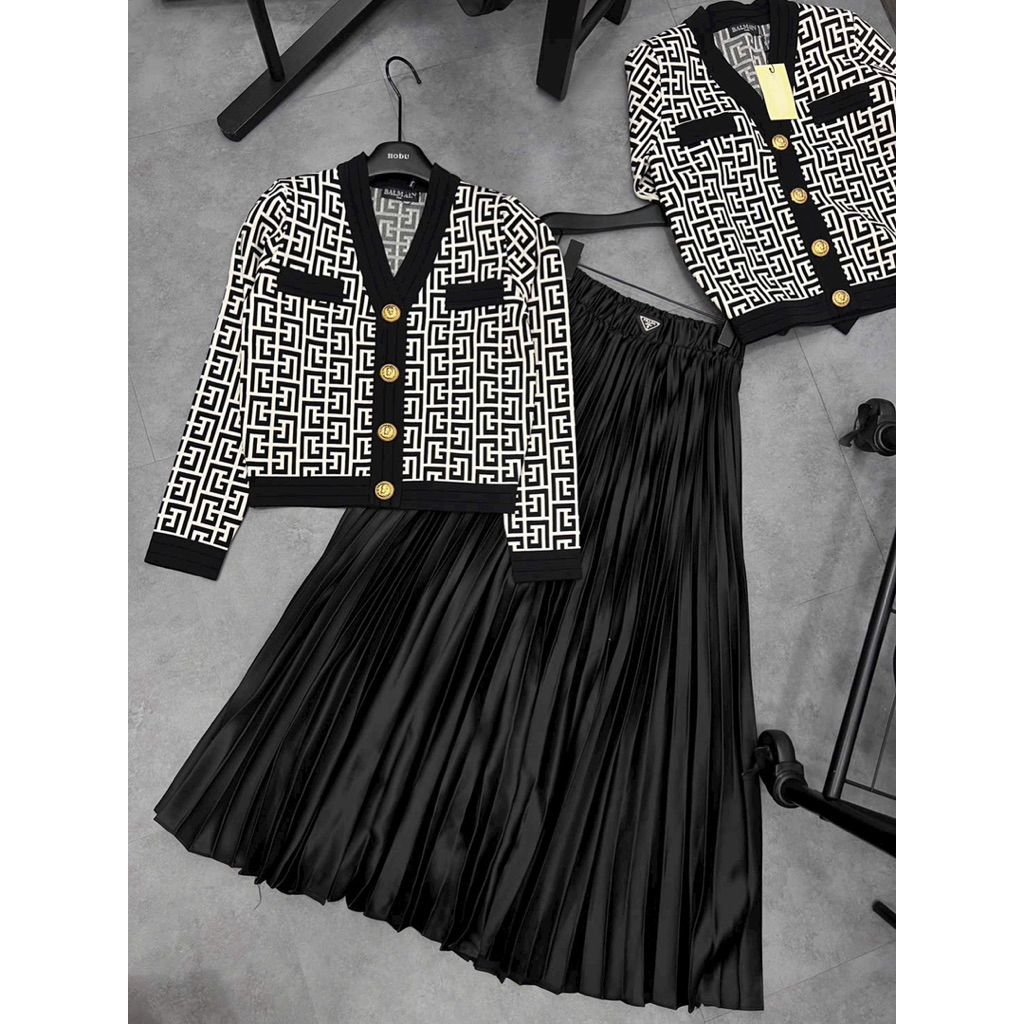 set áo len nút ziczac và chân váy maxi xếp ly dài