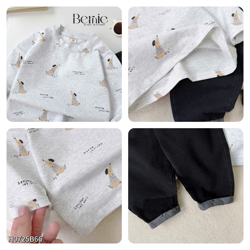 Bộ thu đông bé trai in tràn hoạ tiết cún bonne phối quần giải bò, set bộ thu đông dài tay cho bé trai H0725B66