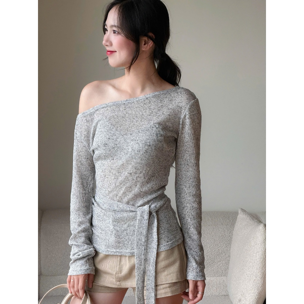 Áo trễ vai len lưới tiêu co giãn tốt kèm dây cổ Miha Studio