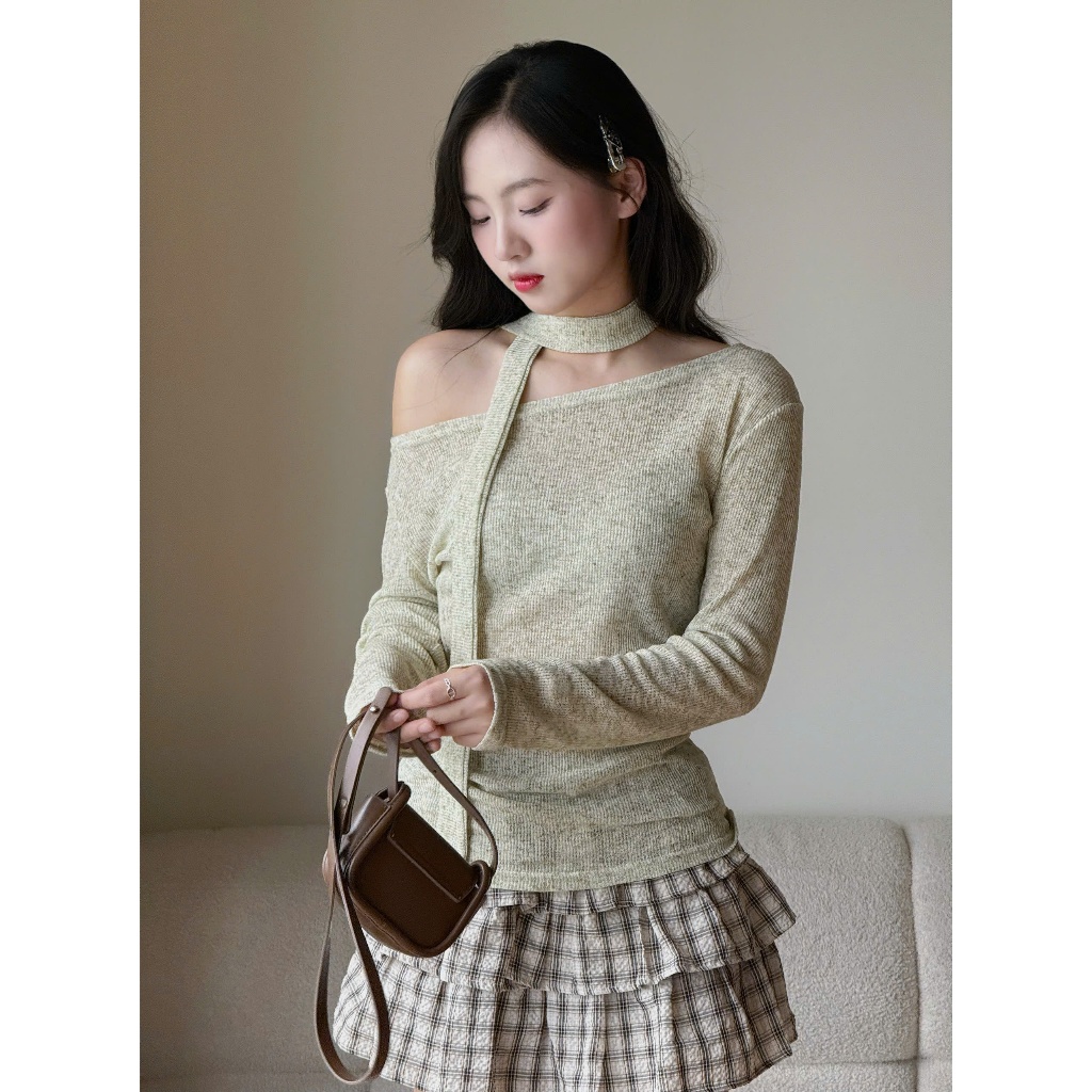 Áo trễ vai len lưới tiêu co giãn tốt kèm dây cổ Miha Studio