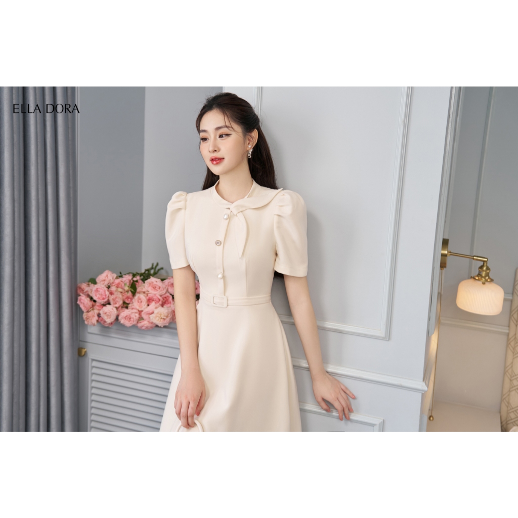 Váy liền thân thiết kế Ella Dora cổ nơ dáng xòe nhẹ thanh lịch tay bồng duyên dáng [D96]