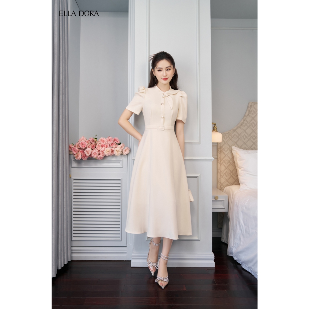 Váy liền thân thiết kế Ella Dora cổ nơ dáng xòe nhẹ thanh lịch tay bồng duyên dáng [D96]