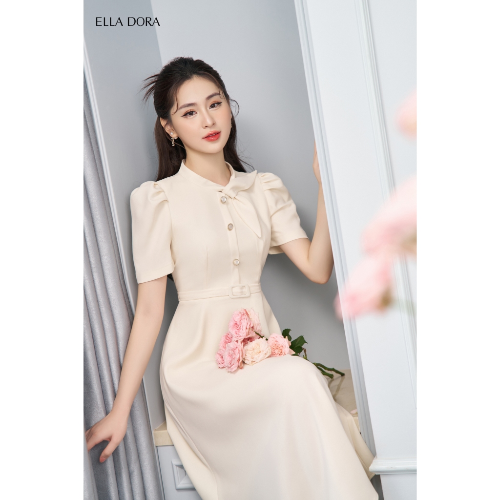 Váy liền thân thiết kế Ella Dora cổ nơ dáng xòe nhẹ thanh lịch tay bồng duyên dáng [D96]