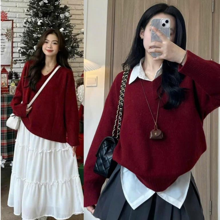 Áo len nữ dài tay Joolate cổ tim lông thỏ mềm Phom Rộng Freesize <62kg màu trơn basic thu đông 955 P5K10