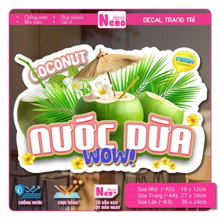 Decal Trang Trí Nước Dừa, Tranh Dán Quán Nước, Cà Phê, Dán Tường, Tủ, Kính, Xe Đẩy - Sticker Chịu Được Mưa Nắng.