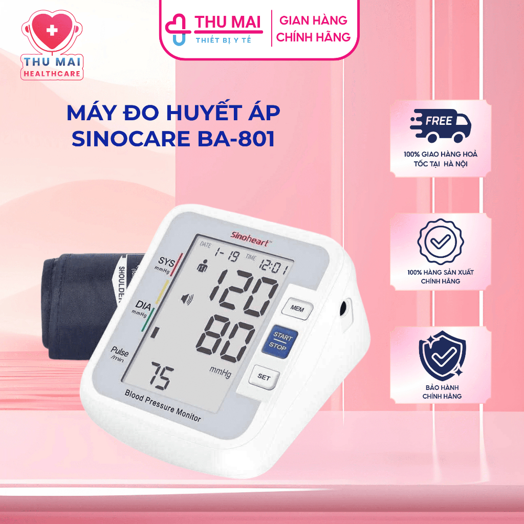 Máy đo huyết áp Sinocare BA-801 Chính Hãng (Giọng nói Tiếng Việt)
