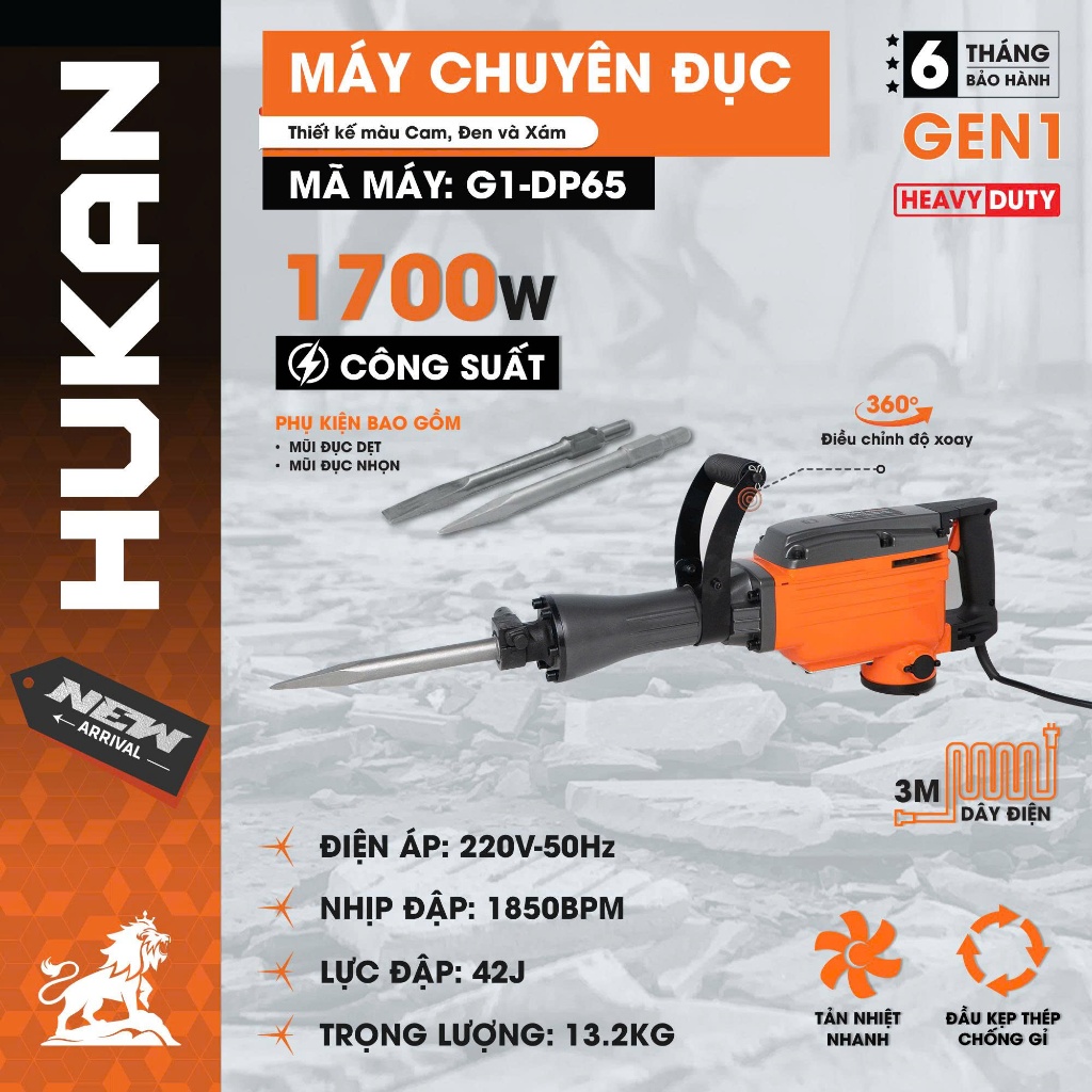 Máy Chuyên Đục Bê Tông HUKAN G1-DP65 | Công Suất 1700W, Lực Đập 42J, Nhịp 1850BPM, Điện 220V, Dây 5m, Bảo Hành 6 Tháng