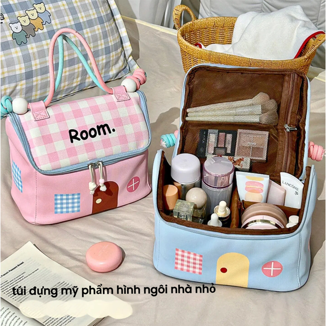 Túi Đựng Mỹ Phẩm Chia Ngăn Chống Nước Có Quai Xách Đựng Được Nhiều Đồ Kiểu Ngôi Nhà, Dễ Thương