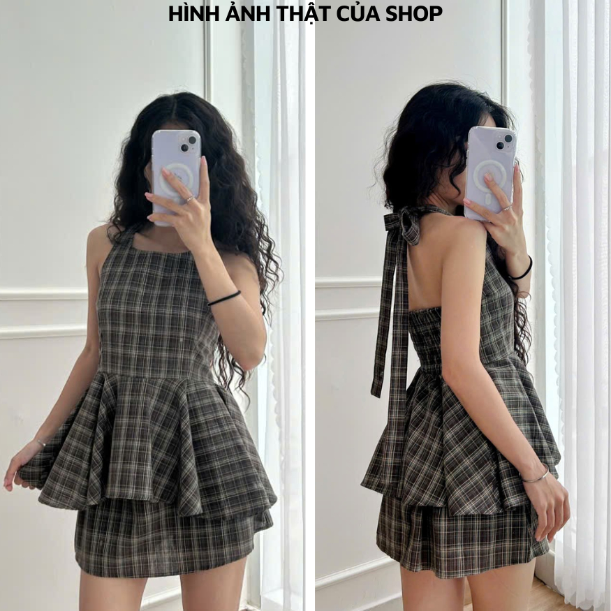 Set Áo Yếm Dáng Xòe Kèm Chân Váy Buộc Nơ Chiết Eo Tôn Dáng Caro Chữ A NV779 Set Váy Xinh Năng Động
