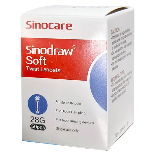 Kim chích máu đầu tròn Sinocare Sinodrawv Soft tiệt trùng không đau dùng cho máy đo đường huyết - Hộp 50 kim