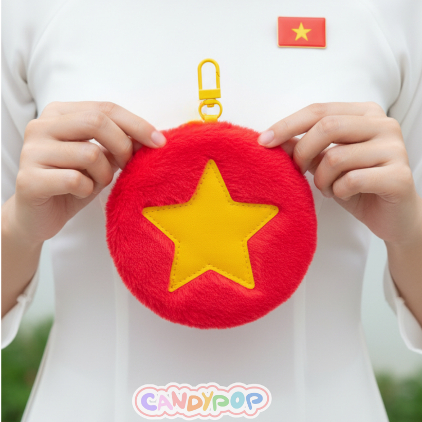 Charm ví cờ Việt Nam lông mềm mịn có khóa kéo - Móc khóa phụ kiện treo túi xách, ba lô - Quà tặng xinh xắn
