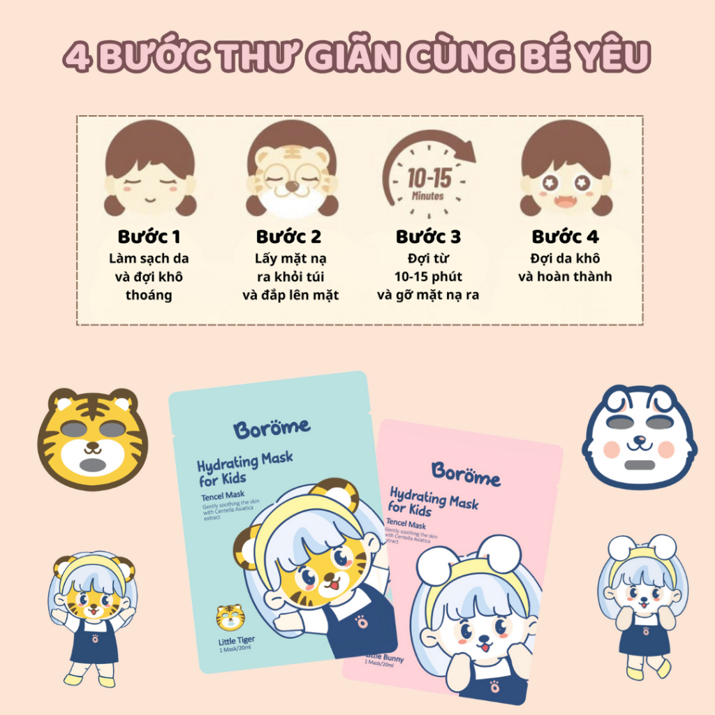 Mặt nạ dưỡng da cho bé Borome chiết xuất từ rau má giúp dưỡng ẩm, làm mềm da nguyên hộp 5 miếng