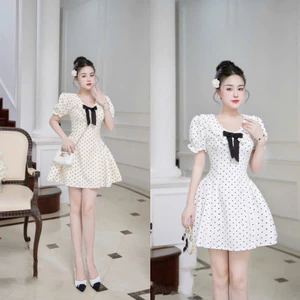 ĐẦM NỮ CHẤM BI KÈM NƠ CỔ DỄ THƯƠNG SANG CHẢNH DÀNH CHO NÀNG TIỂU THƯ