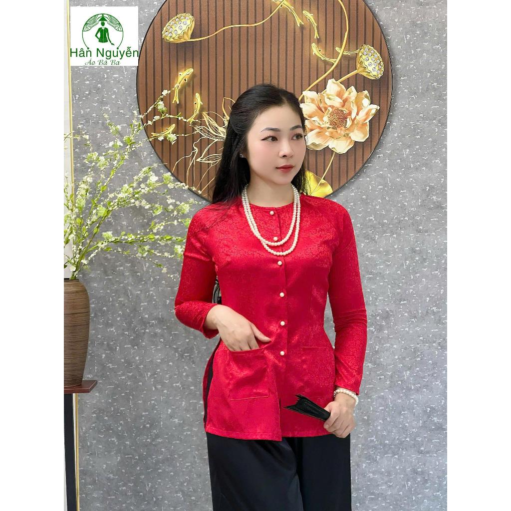 Hân Nguyễn Áo Bà Ba B.A107 - Bộ Bà Ba Gấm Có Túi Tay Dài Cổ Tròn Hoa Cúc Nhí