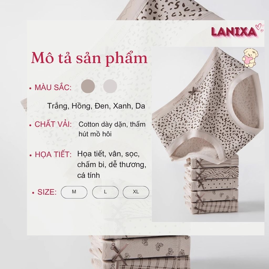 Quần Lót Nữ Cotton Đáy Lót Kháng Khuẩn Màu Nâu Họa Tiết Co Giãn 4 Chiều Viền Su Mềm Mịn LANIXA L8383