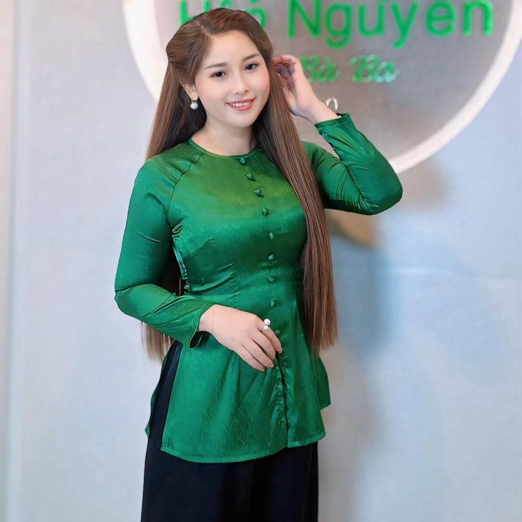 Hân Nguyễn Áo Bà Ba - B.A109 - Áo Bà Ba Gấm Xước Nút Nụ Cổ Tròn Tay Dài Dây Kéo QUẦN NGỌC TRAI