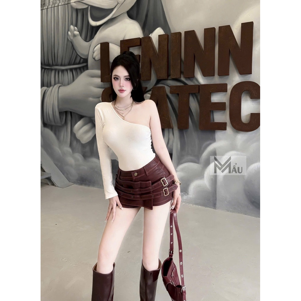 Áo bodysuit lệch vai dài tay phối đồ siu chất