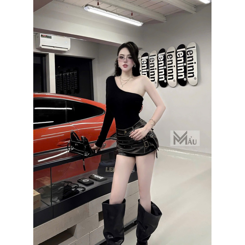 Áo bodysuit lệch vai dài tay phối đồ siu chất