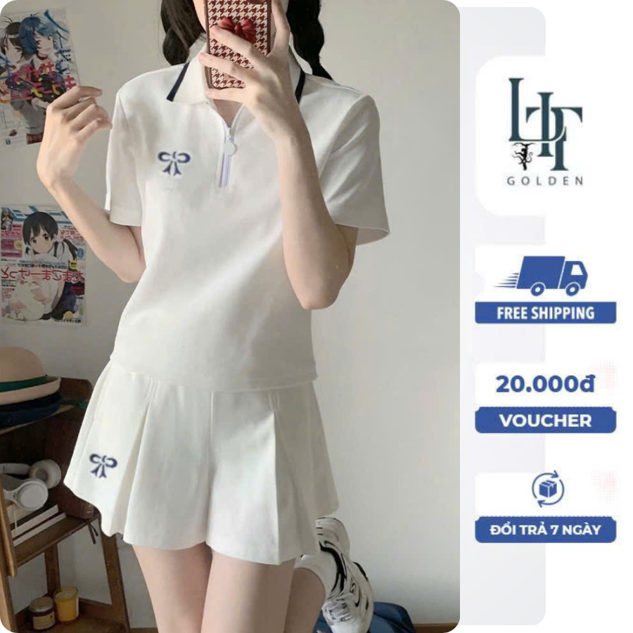 T1_Set đồ thể thao nữ tay ngắn áo thun polo chân váy thêu nơ - LIT.GOLDEN - hàng QC cao cấp L1
