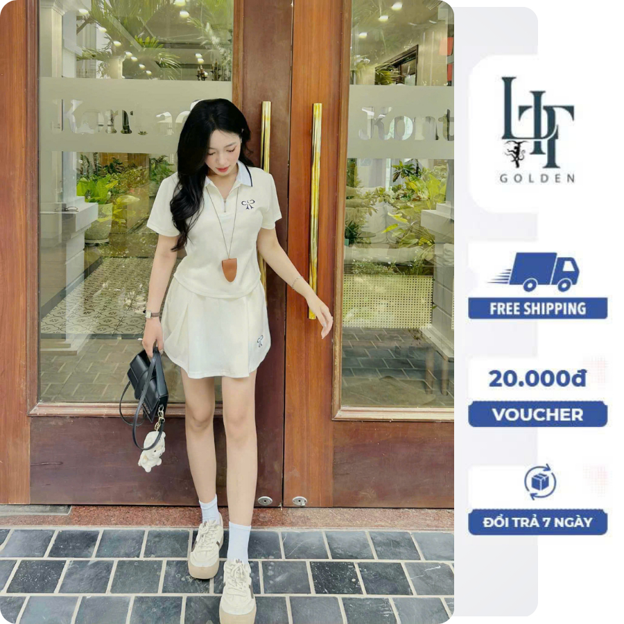 T1_Set đồ thể thao nữ tay ngắn áo thun polo chân váy thêu nơ - LIT.GOLDEN - hàng QC cao cấp L1