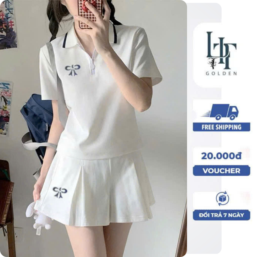 T1_Set đồ thể thao nữ tay ngắn áo thun polo chân váy thêu nơ - LIT.GOLDEN - hàng QC cao cấp L1