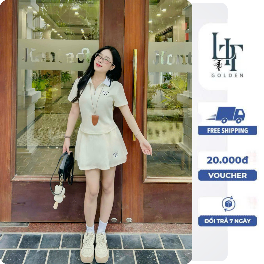 T1_Set đồ thể thao nữ tay ngắn áo thun polo chân váy thêu nơ - LIT.GOLDEN - hàng QC cao cấp L1