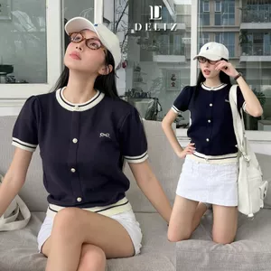 - Áo len ngắn tay cổ trong thêu nơ cúc giả cardigan basic 2 màu len lông thỏ ALC05