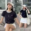 - Áo len ngắn tay cổ trong thêu nơ cúc giả cardigan basic 2 màu len lông thỏ ALC05