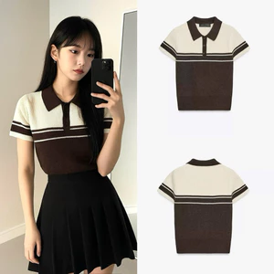 Áo Polo Len Nâu Be Sọc Basic Tay Ngắn Nữ, Chất Len Co Giãn, Form Dáng Gọn Gàng hot hit