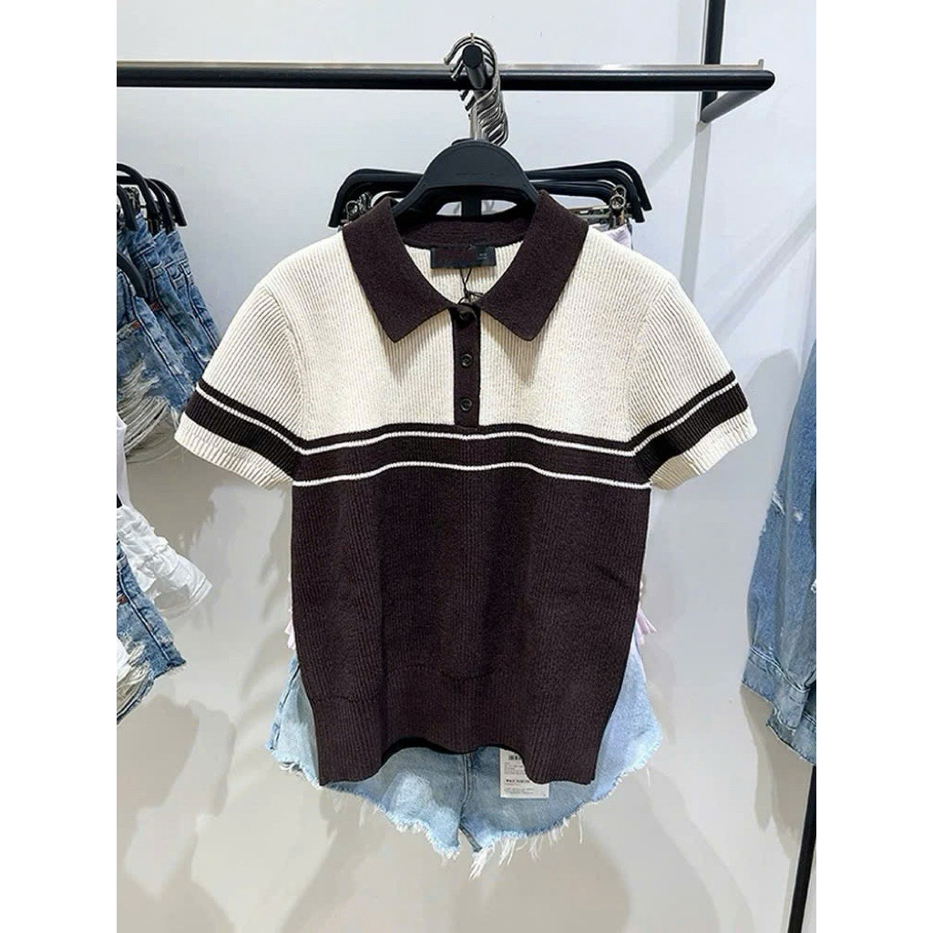 (Mới 2025) Áo Polo Len Nâu Be Sọc Basic Tay Ngắn Nữ, Chất Len Co Giãn, Form Dáng Gọn Gàng hot hit