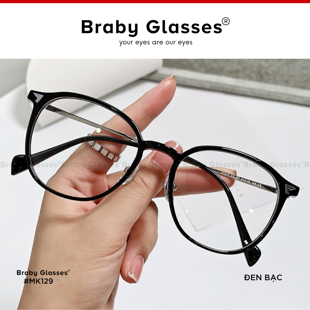 Gọng kính cận mắt tròn thời trang nam nữ Braby Glasses chất liệu kim loại chống gỉ và nhựa dẻo TR90 trẻ trung MK129