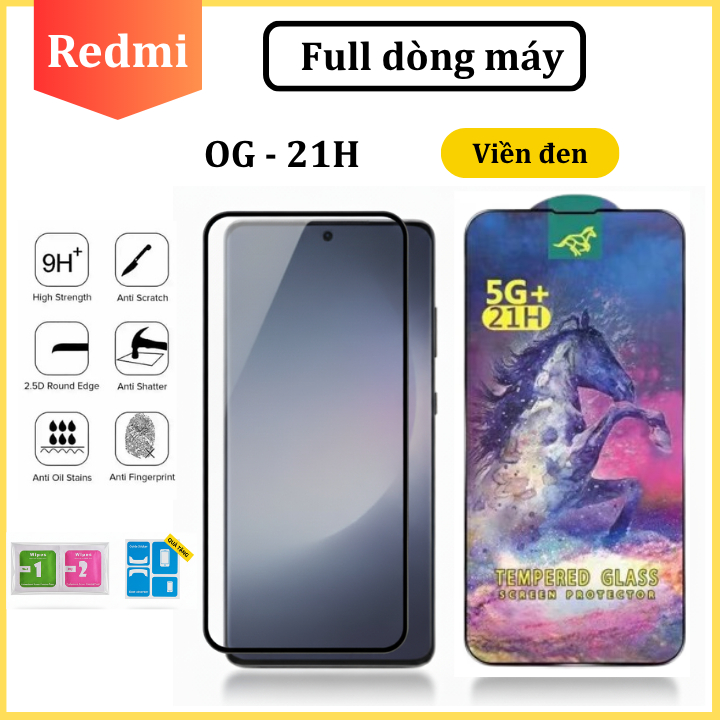 Cường lực OG độ cứng 21H cho Redmi Note 12 12Pro Redmi 13 13x 12 A1 A2 A2+ A3 9A 9C K20 Pro Xiaomi 11 Lite