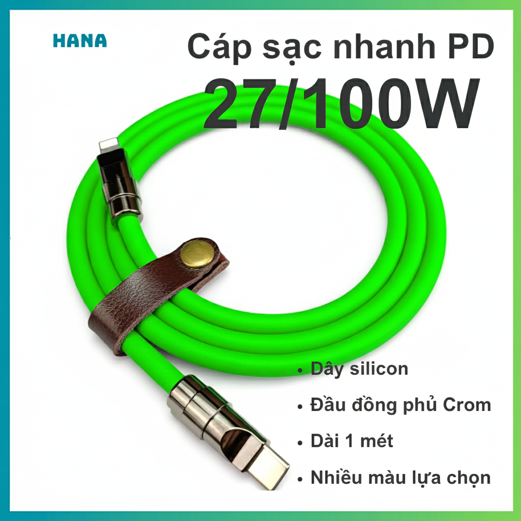 Dây cáp sạc nhanh Type C 100W - Chip Emarker - Chất liệu silicon mềm - Đầu đồng phủ crom - Dài 1 mét - Decor đẹp