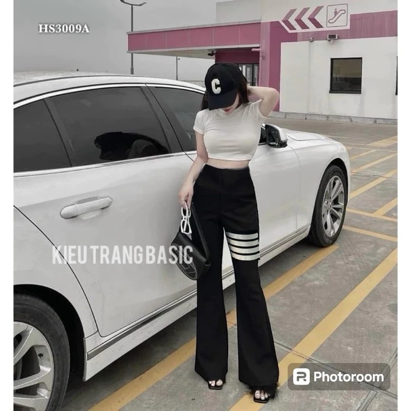 Sét áo dài tay 4 sọc from ôm babytee mix quần cạp chun ống loe thome 4 vạch siêu hottrend