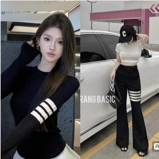 Sét áo dài tay 4 sọc from ôm babytee mix quần cạp chun ống loe thome 4 vạch siêu hottrend