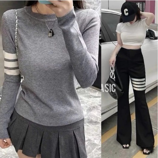 Sét áo dài tay 4 sọc from ôm babytee mix quần cạp chun ống loe thome 4 vạch siêu hottrend