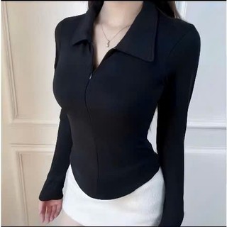 Áo Thun Nữ Cổ Bẻ Tay Dài Phối Dây Kéo Vạt Bầu Ôm Body Áo Thun Polo Cổ Trụ Thun Gân Mịn Mát Basic RUSY