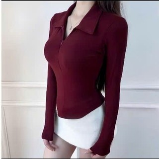 Áo Thun Nữ Cổ Bẻ Tay Dài Phối Dây Kéo Vạt Bầu Ôm Body Áo Thun Polo Cổ Trụ Thun Gân Mịn Mát Basic RUSY