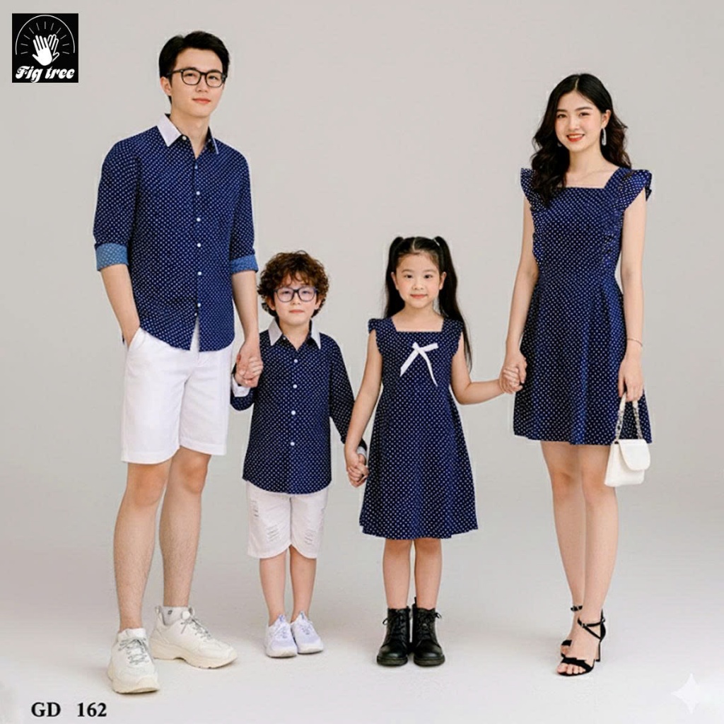 Set Đồ Gia Đình Fig Tree Chấm Bi Xanh, Chất Cotton Mềm Mịn, Gia Đình Đi Tiệc, Đi Chơi,  Mã 162