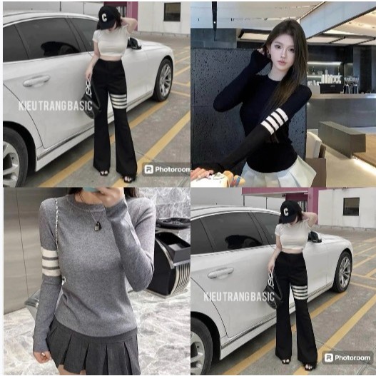 Sét áo dài tay 4 sọc from ôm babytee mix quần cạp chun ống loe thome 4 vạch siêu hottrend