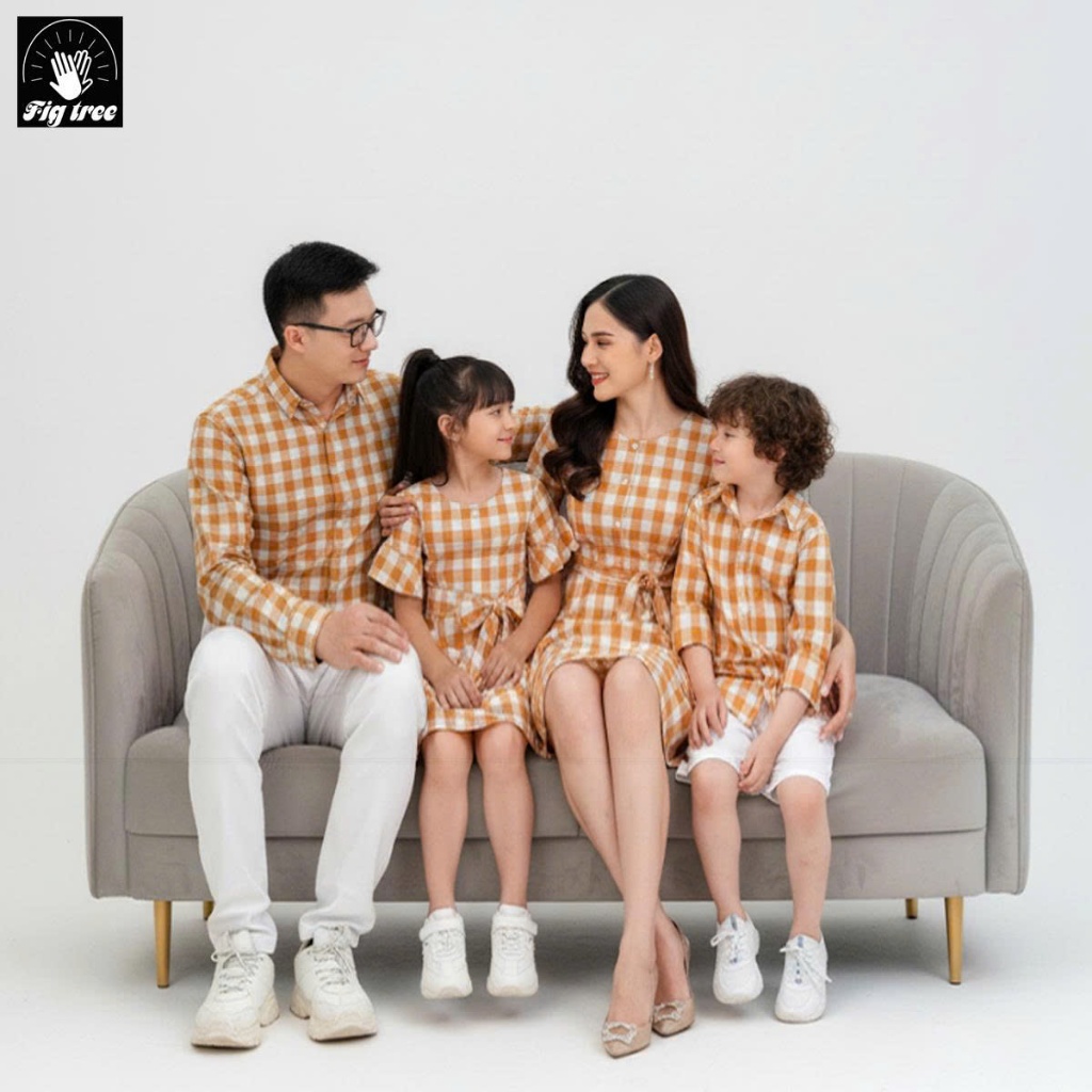 Combo Áo Váy Gia Đình Fig Tree Caro Màu Vàng Đi Tiệc, Chụp Hình Xinh, Chất Kate Mềm Mát (Mã 133VA)