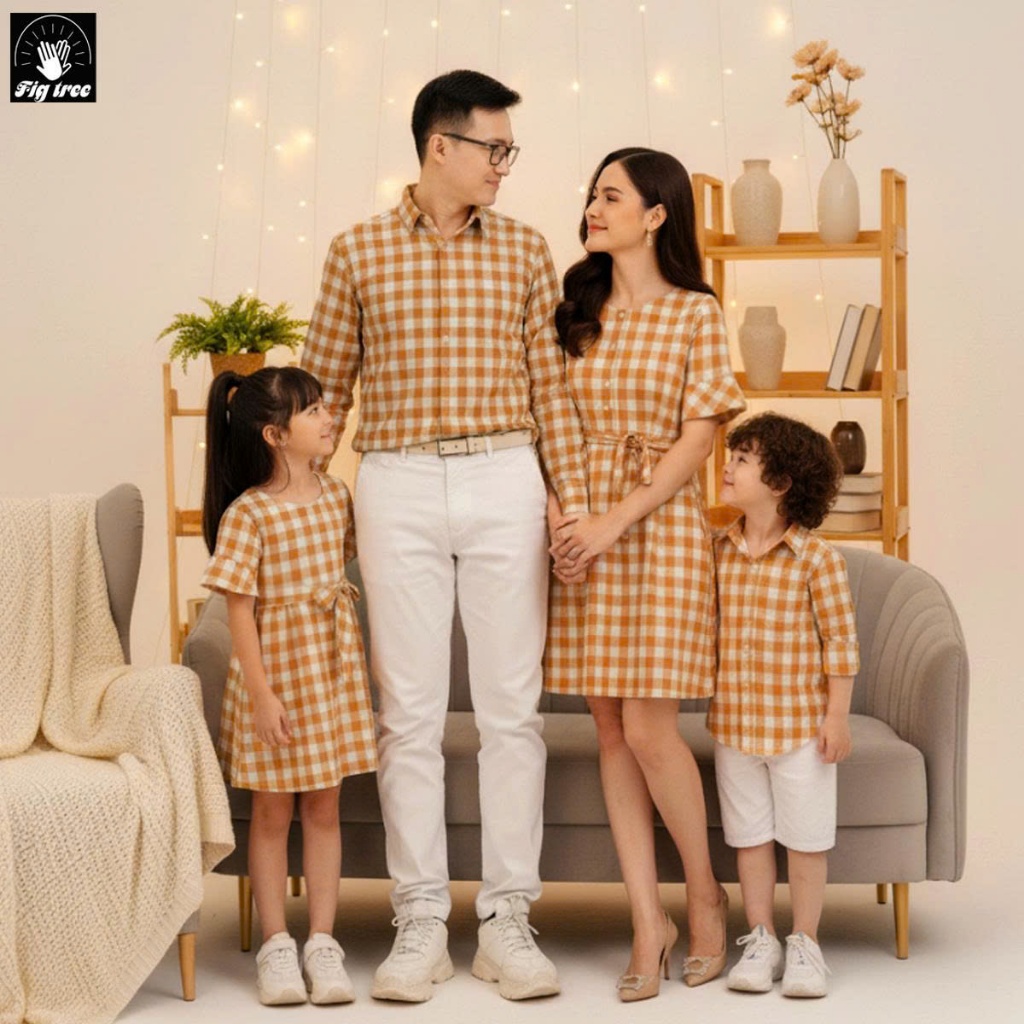 Combo Áo Váy Gia Đình Fig Tree Caro Màu Vàng Đi Tiệc, Chụp Hình Xinh, Chất Kate Mềm Mát (Mã 133VA)